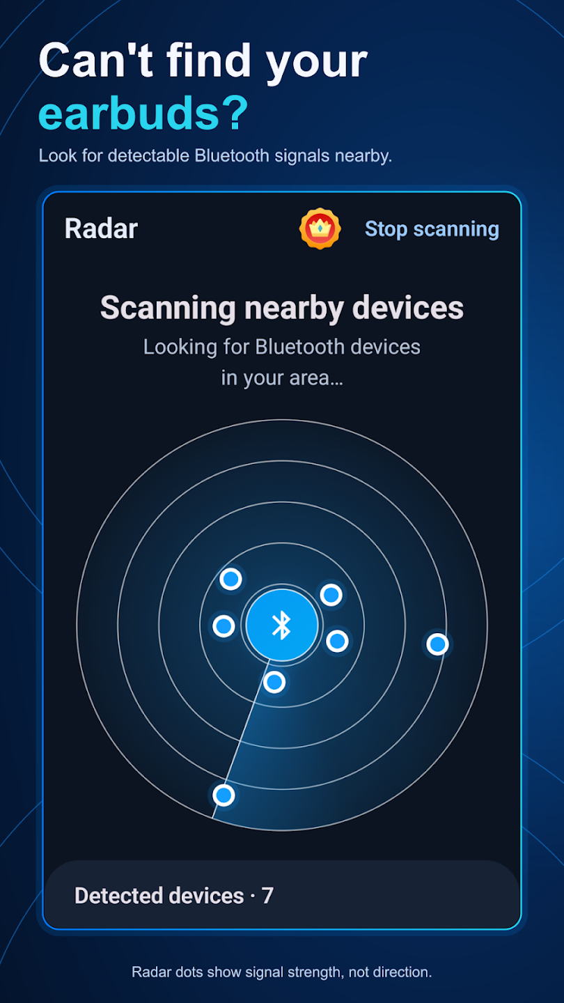 Published Earbud Finder preview showing a nearby Bluetooth scan