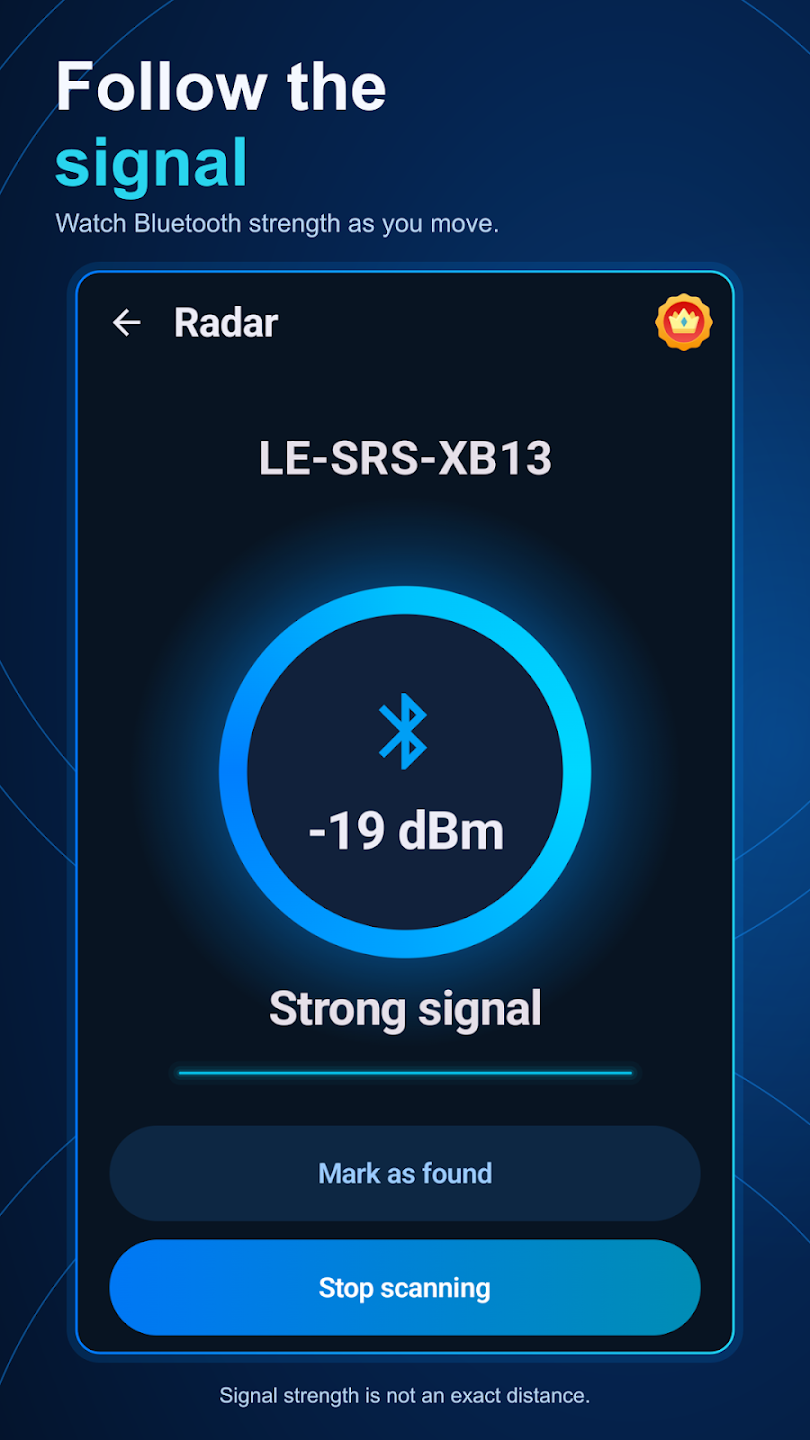 Published Earbud Finder preview of a Bluetooth device signal-strength reading