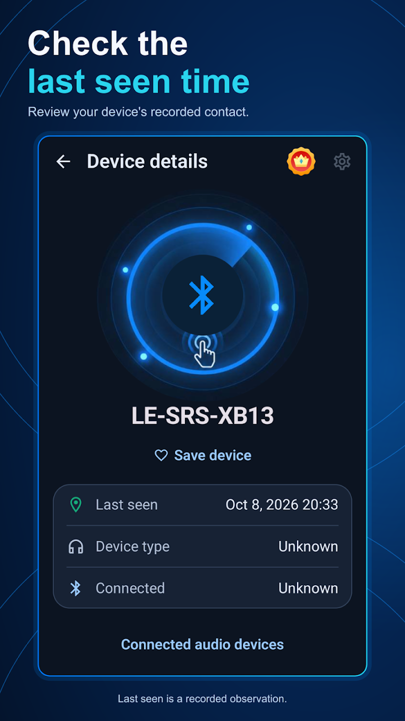 Earbud Finder listing preview showing device details and recorded last-seen information